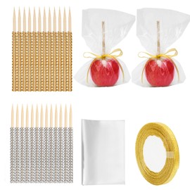 Anglecai 24Pcs Candy Apple Stick Kit, 24P Bling Stick for Apple Rhinestone Wooden Skewers, with 24P Bags, 1P 25 Yard Glitter Ribbon, Bling Stick for Caramel Apple Lollipop Crispy Treat