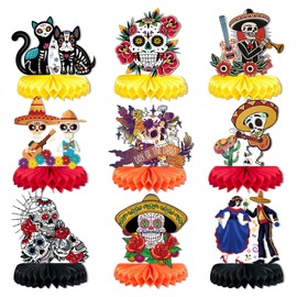 Day of The Dead Decorations - 9 Pieces Dia De Los Muertos Honeycomb Table Toppers Cutouts Sugar Skull Flowers Centerpieces Day of The Dead Decor Mexican Party Supplies