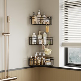 STAHLHEART Black corner shower caddies with depth caddy and Built in 12 hooks rustproof wall mounted No drilling No marring adhesive bathtub corner storage for bathroom kitchen and laudry room