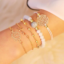 Edary Liebesarmband Set Gold Lotus Armbänder Marmor Perle Hand Accessoires Hohlkreis Handkette für Frauen und Mädchen (5 Stück)