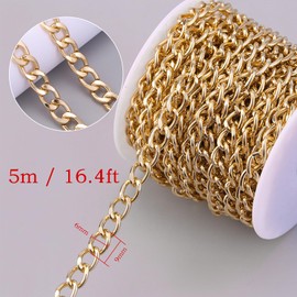 16.4 Feet Aluminum Curb Chains Links Cross Golden Plated Picture Hanging Gold Chain with Spool for Belt Jeans Jewellery-Necklace Making (Gold)