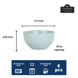 10 Strawberry Street Wazee Matte 5.5"/16oz Cereal Bowl, Set of 6, Mineral Blue