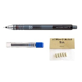 Uni-Ball Kuru Toga selbstschärfender Druckbleistift 0,5 mm, rauchfarbenes Gehäuse – Einzelmine + 12 Ersatzminen und 5 Radierer