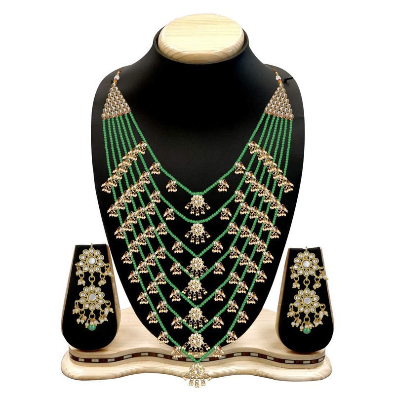 Aheli Multi Layered Green Pearl con Kundan Collar Pendiente Indio