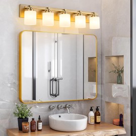 BrkNit 5 Light Modern Bathroom Light Fixtures Over Mirror, Brass Finish Vanity Lights for Bathroom Wall Sconces with Milky White Glass Shades, E26 Socket (Bulbs Not Included)