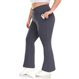 ZERDOCEAN Women's Plus Size Fleece Lined Flare Leggings Crossover High Waist Winter Thermal Yoga Bootcut Pants Bell Bottoms Dark Gray 1X