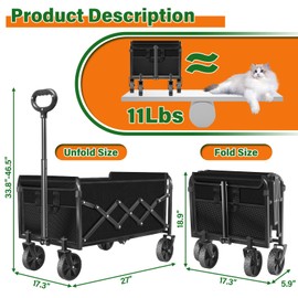 Collapsible Wagon, Wagons Carts Foldable, Foldable Wagon Cart with Wheels, Folding Wagons for Beach Camp Sports Garden, 2 Cup Holders/Lightweight Portable/Black/360 LBS