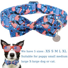 UP URARA PUP Patriotic Dog Collar with Bow Tie, 4th of July Bowtie Dog Collar, American Flag Collar for Small Boy Girl Dog, Comfortable Summer Bowtie Collar with Metal Buckle, S
