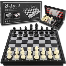 Ajedrez Magnético Profesional para Niños, 3 en 1 con Ajedrez Magnético, Checkers y Backgammon, Ajedrez Plegable con Tablero Portatil, Juego de Mesa Viaje para Reuniones Familiares Niños y Adultos