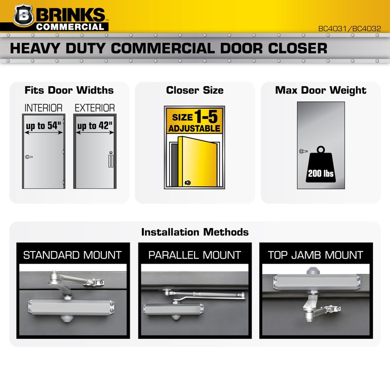 BRINKS Commercial - Heavy Duty Commercial Door Closer, Aluminum Finish