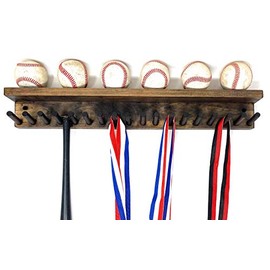 MWCSPORTS Award Medal Display Rack and Trophy Wall Shelf 18 Medals Baseball Mini Bats 6 Baseball (Walnut)