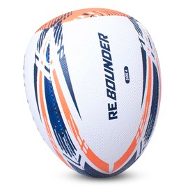 Hy-Pro Rebound Rugby Ball Size 4 – Synthetic Rubber, Dual Grain Grip, Hand Stitched, Durable Latex Bladder – Ideal for Passing & Handling Skills Training, White/Blue/Orange