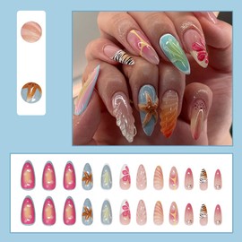 24 Pcs Spring Press on Nails Short Almond,YIHONGYAN 3D Starfish Wave with Shell Design Fake Nails Press ons Blue Nail Tip Acrylic Kit Glue on Nails Full Cover False Nails Glossy Stick on Nails Woman