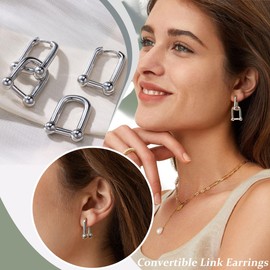 FIBO STEEL 925 Sterling Silver Hoop Earrings for Women - Hypoallergenic Drop Dangle Paperclip Huggie Hoop Earrings - Convertible Chunky Chain Link Dangle Earrings Jewelry