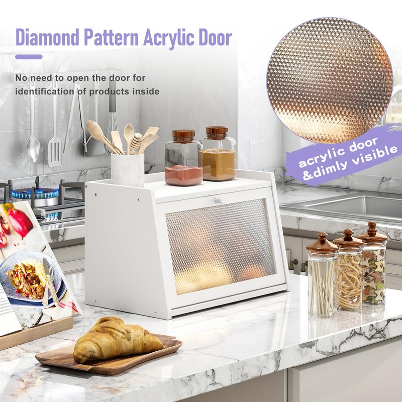 Wieghda Large Farmhouse Bread Box with Window -White Natural Wood