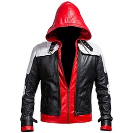 Superhero Bat Style Red Hood Men's Faux Leather Jacket + Vest (Large, White)