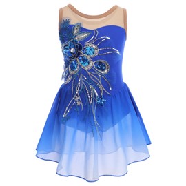 Figure Skating Dress for Girls Sequin Flower Mesh Ice Skating Dress Ballet Dance Leotard Dress Chiffon Skirted Ballerina Dancewear for Competition Stage Performance Costume Royal Blue 11-12 Years