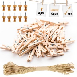 100Pcs Wooden Pegs, 3.5cm Clothes Pegs for Washing Line Small Pegs Wood Craft Clips with 10 Thumbtacks and 10m Twine for Hanging Photos, Arts and Craft （3.5×0.7cm / 1.4×0.3inch）
