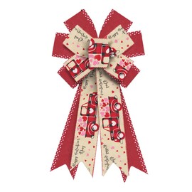 Valentine's Day Wreath Bows Valentines Bows Red Hearts Brown Car Burlap Bows for Wreaths, Valentines Day Ribbon Bows Tree Topper Bows for Home Indoor Outdoor Decoration Wreath Ornament Supplies