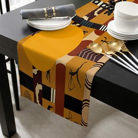 LeoHome African Black Woman Cotton Linen Rectangle Table Runners 16''x72'', Elephant and Giraffe Luxury Table Runners for Wedding Party Banquet Dinner Decor