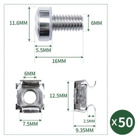 Socpuro Cage Nuts and Screws Set of 50 M6*16mm Stainless Steel M6 Cage Nuts with Resin Washers Cage Nuts Rack Mount Cage Nuts Set Cabinet Screws Rail Rack Rust and Corrosion Resistant Silver
