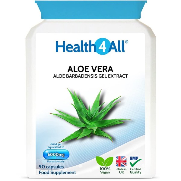 Aloe Vera Gel 6000mg 90 Capsules (V) (not Tablets) Digestive Health. Acid-Alkaline and pH Balance. Vegan. Made in The UK by Health4All