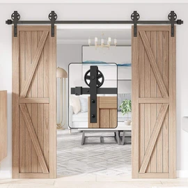 WINSOON 9FT Wood Double Sliding Barn Door Hardware Basic Black Big Spoke Wheel Roller Kit，5-18FT for Choose