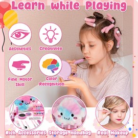 STAY GENT Real Kids Makeup Set for Girls, Washable Non-Toxic Kids Makeup Kit, Real Pretend Play Princess Set with Plush Bag/Nail Polishes, Princess Cosmetic Birthday Gifts for Age 4 5 6 7 8 9 10 11 12