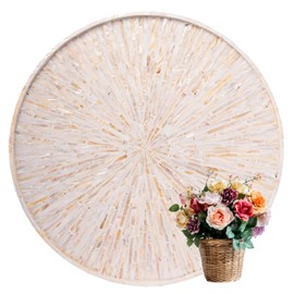 PEMAR 22" Round Mother of Pearl Extra Large Ottoman Tray with Raised Edge, Oversized Decorative Luxury Wooden Serving Tray for Food, Coffee Table, Breakfast in Bed (White Cream Sunlight)