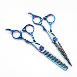 Hair Cutting Scissors, 6 Inch Professional Blue Damascus Hair Cutting Scissors Gem Screw Haircut Thinning Barber Tools Steel Shears Hairdressing Scissors Set