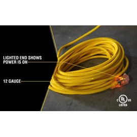 Yellow Jacket 2885 12/3 Heavy-Duty 15-Amp Premium SJTW Contractor Extension Cord with Lighted End, Ideal use With Heavy Duty Equipment and Tools, Durable Molded Plugs, 100 Feet, Yellow