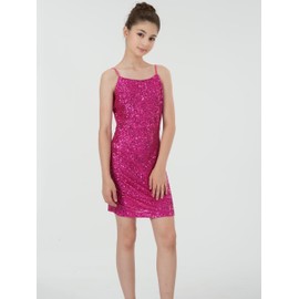 2Bunnies Girls Tween Teen Bodycon Ruched Spaghetti Strap Party Graduation Formal Dance Mini Dress (US, Age, 12 Years, Fuchsia Sparkle)