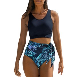 Dokotoo Womens Bikini Sets Fashion Palm Leaf Print Scoop Neck 2025 Resort Wear Racerback 2 Piece Swimsuit Tie Knot Tummy Control High Waisted Bathing Suits Blue Small