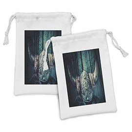 Lunarable Viking Fabric Pouch Set of 2, Barbarian Warrior Head with Horns in Scandinavian Forest, Small Drawstring Bag for Toiletries Masks and Favors, 9" x 6", Petrol Blue Sand Brown
