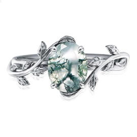 Natural Moss Agate Ring 925 Sterling Silver Opal Birthstone Ring 925 Sterling Silver Leaf Promise Ring for Her Birthday Anniversary Jewelry for Women, Solid 925 Silver, natural moss agate