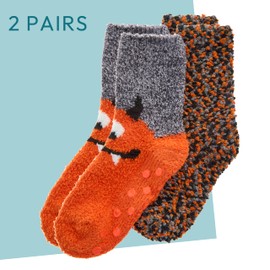 Boys 2 Pairs Fluffy Snuggle & Popcorn Socks Cosy Bed Socks Non Slip Monster Designs Orange 9-12