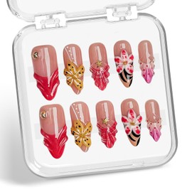 Flower Press on Nails Handmade Long Almond Muti-Layer Gel French Fake Nails 3D Waterdrop Pattern Floral Embossed Design Golden Stars and Hearts False Nails Luxury Acrylic Nails for Women (Size M)