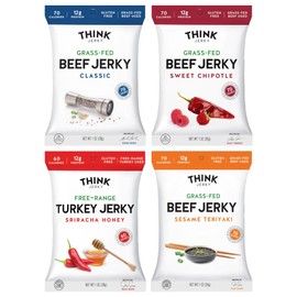 Think Jerky Beef and Turkey Jerky Variety, Original, Sweet Chipotle, Sriracha Honey, Sesame Teriyaki, Healthy Meat Snack, Low Calorie Low Fat - 2.2 oz Bags, 4 Pack, 1 of Each