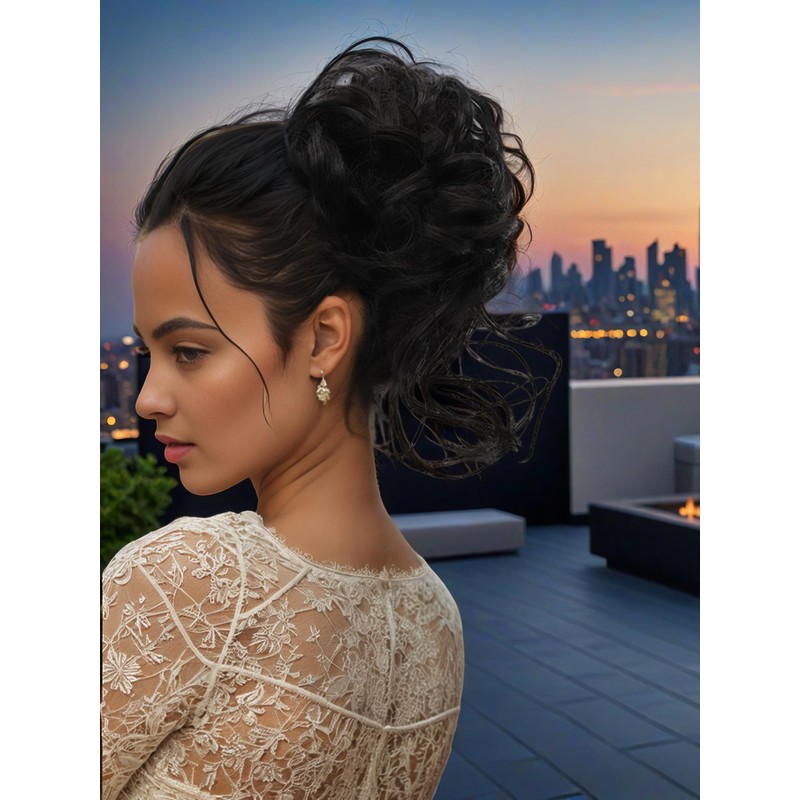 Black Messy Bun Hair Clips with Hair Attached Curly Ponytail