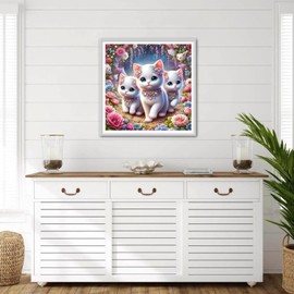 QINRUBB DIY White Cat Diamond Painting Adults, 5D Cute Kitten Diamond Painting Pictures Beginners, Flowers Round Full Drill Diamond Art Kits Cross Stitch Gifts Home Wall Decor 30 x 30 cm