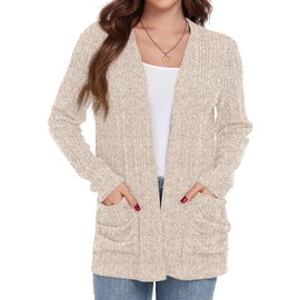GRECERELLE Cardigan for Women Lightweight Open Front Long Sleeve Ribbed Knit Ladies Casual Sweater Outerwear with Pockets Beige-S