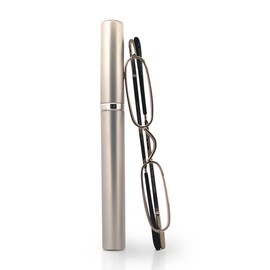 MicroVision Optical Original Mini Reader Reading Glasses With Tube Case, Durable Stainless Steel Frame For Women and Men Lightweight & Pocket-Sized Eyeglasses as Seen on Oprah, Shiny Silver, +2.00