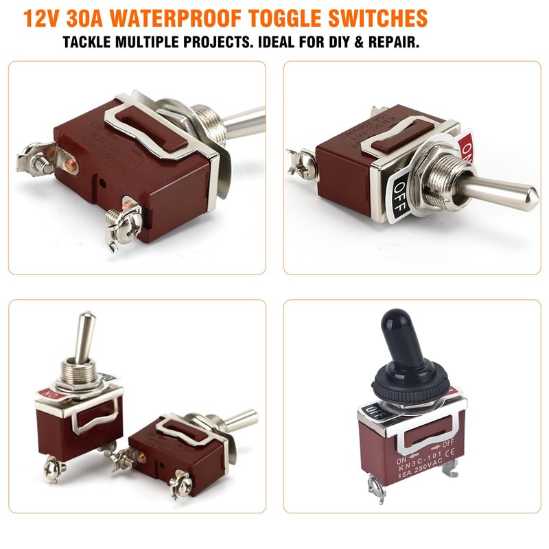 Waterproof Toggle Switch 12V, 30A SPST 2-Pin ON/Off Rocker Switch