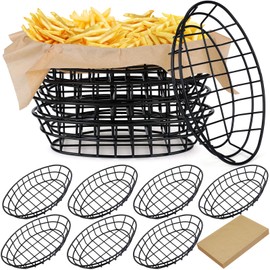 Hushee 12 Pcs Wire Bread Basket Black 11.8 x 7.9 x 2.2 Large Oval Metal Dinner Roll Baskets Bulk for Serving Fruit Bowl Storage with 50 Sheet Deli Wrapper Paper for Restaurant Kitchen Table Fast Food
