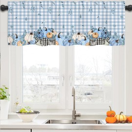 Quimoy Fall Kitchen Valance 54 x 18 Inch, Blue White Plaid Curtains with Rod Pocket, Autumn Pumpkin Valances Curtain for Windows, Fall Thanksgiving Valances for Home Kitchen Windows Decor