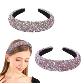 Cutewing 2PCS Rhinestone Wide Headbands for Women Sparkle Padded Headband Fashion Glitter Hairbands Comfort High Elastic Head Band Bling Hair Accessories for Womens Girls Hair