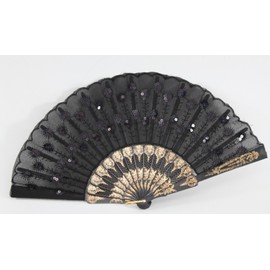W Set of 10 Black Chinese Japanese Lace Floral Folding Hand Pocket Fans