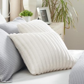 Bedsure Throw Pillow Covers 18x18 Inch - Pack of 2 White Luxury Soft Cozy Fluffy, Striped Pillow Covers, Home Decor for Sofa Couch Bed