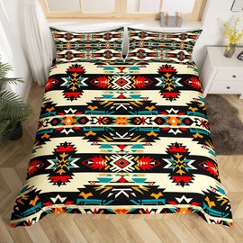 Feelyou Black Southwestern Duvet Cover King Size Geometric Bedding Set Tribal Native American Indian Design Vinatge Comforter Cover Set Decor Exotic Style Stripe Line Bedspread Cover (No Comforter)