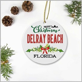 Merry Christmas Delray Beach Florida Ornament - Plastic Round Decoration Ornament Keepsake Christmas Tree Decor Housewarming Gifts Ideas for Friends, Family Members, Couples and Newlywed